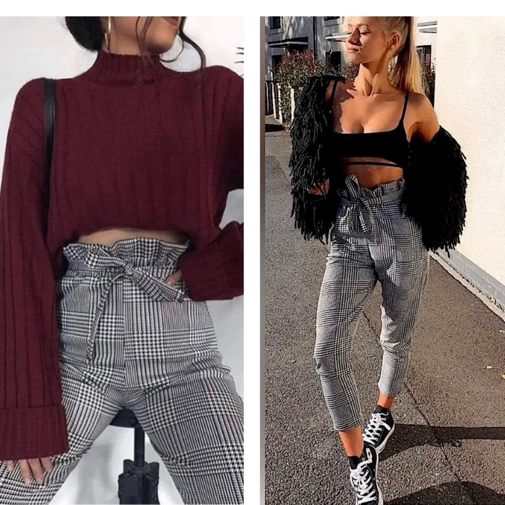 Ambiance Paper Bag Waist Pants Belt small Glen Check Plaid Grey Black High Waist